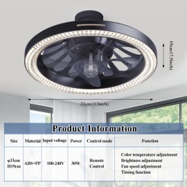 13 inch intelligent modern ceiling fan with light and remote control, E26/E27 base easy to install socket fan light, 3-speed wind speed adjustment, 3 colors 3000-6500K adjustable LED light, suitable for bedrooms, kitchens, living rooms, storage rooms
