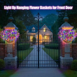Solar-Powered Wall-Hanging Flower Basket: This Outdoor Artificial Flower Basket Is Equipped with Solar-powered RGB String Lights, Making It Ideal for Christmas And Spring Decoration. The 10-inch Semicircular Planter Contains Artificial Carnations