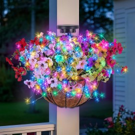 Solar-Powered Wall-Hanging Flower Basket: This Outdoor Artificial Flower Basket Is Equipped with Solar-powered RGB String Lights, Making It Ideal for Christmas And Spring Decoration. The 10-inch Semicircular Planter Contains Artificial Carnations