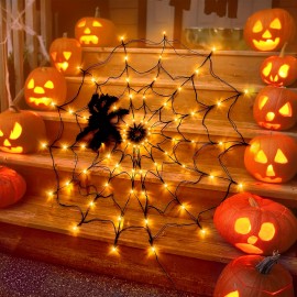 [Spider String Lights] Halloween Spider Web Lights with Spider&70LED Orange Lights, Smart String Light 8 Lighting Modes Light up Cobweb Halloween Lights for Haunted House Window Room Indoor Party Halloween Spooky Party Essential