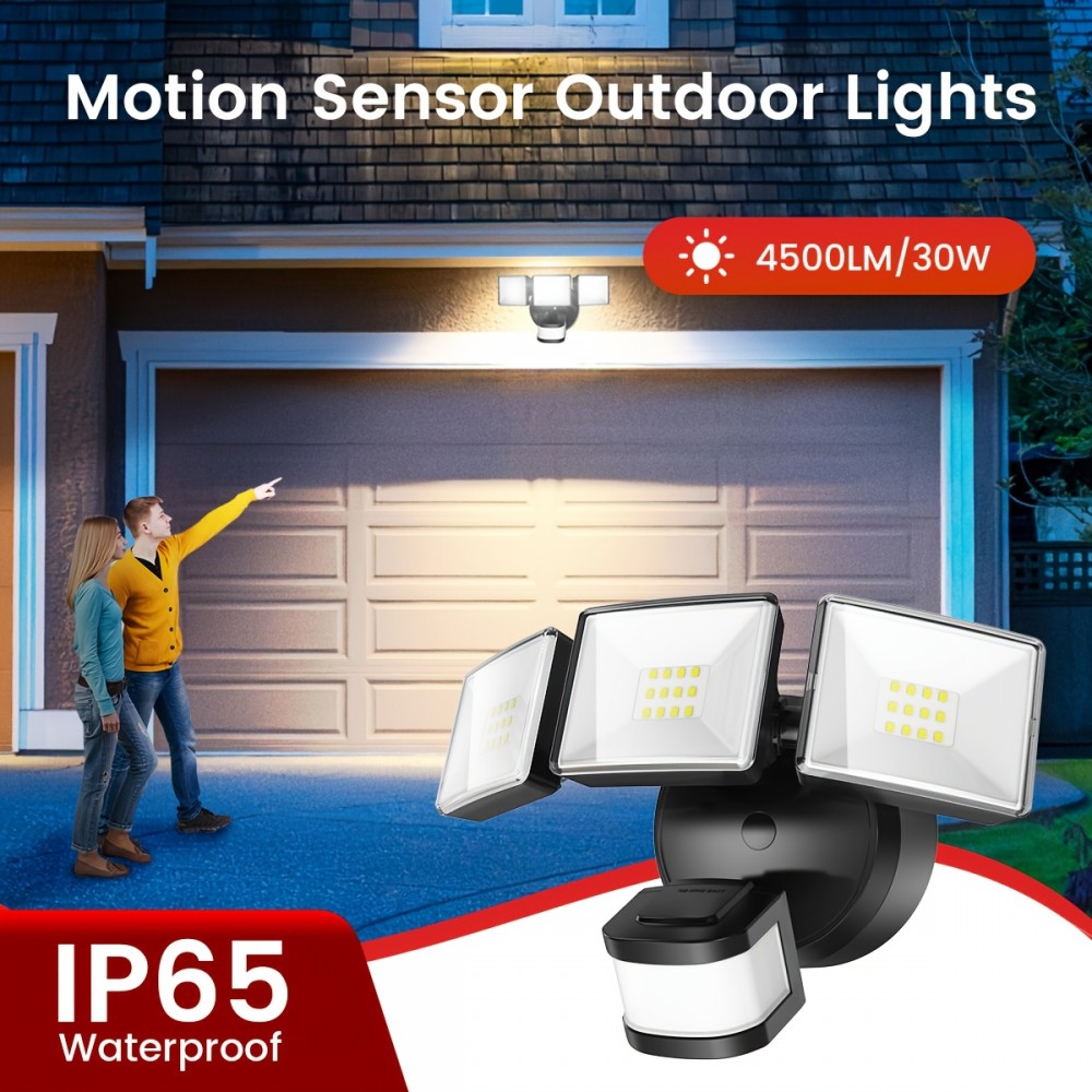 YVIO Motion Sensor Flood Light Outdoor, 30W 4500LM, 180° Wide Angle 50ft Detection, Hardwired Security Light, 3 Modes Dusk to Dawn for Yard/Garden/Driveway, 4500SQ.FT Coverage, Suitable for Halloween And Christmas, Black