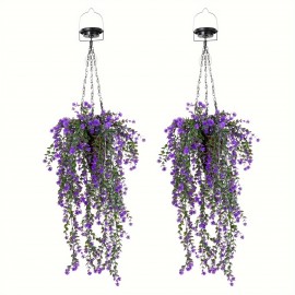 2pcs Solar Artificial Hanging Flowers Basket, Fake Hanging Plant Basket with RGB Solar String Lights for Outdoor Decor, Conical Solar Flower Rattan Basket with Rattan Hanging Flowers for Outside Porch Yard Patio Garden, Purple