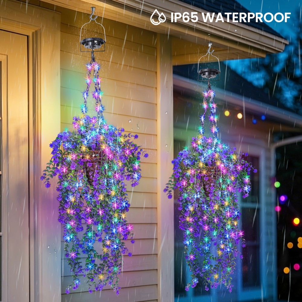 2pcs Solar Artificial Hanging Flowers Basket, Fake Hanging Plant Basket with RGB Solar String Lights for Outdoor Decor, Conical Solar Flower Rattan Basket with Rattan Hanging Flowers for Outside Porch Yard Patio Garden, Purple