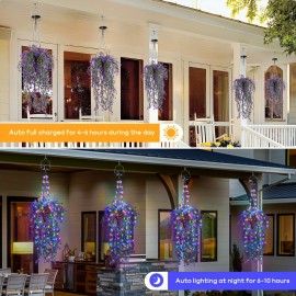 2pcs Solar Artificial Hanging Flowers Basket, Fake Hanging Plant Basket with RGB Solar String Lights for Outdoor Decor, Conical Solar Flower Rattan Basket with Rattan Hanging Flowers for Outside Porch Yard Patio Garden, Purple