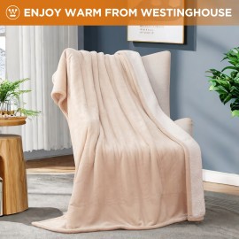 Cozy Westinghouse Sherpa Electric Heated Throw Blanket, Silky Soft Flannel, 4 Heat Settings & 1-4 Hour Timer, Machine Washable, 50x60 Inch - Beige Ivory/Dark Grey, Comfortable Seating|Inviting Throw Blanket|Sherpa Lining