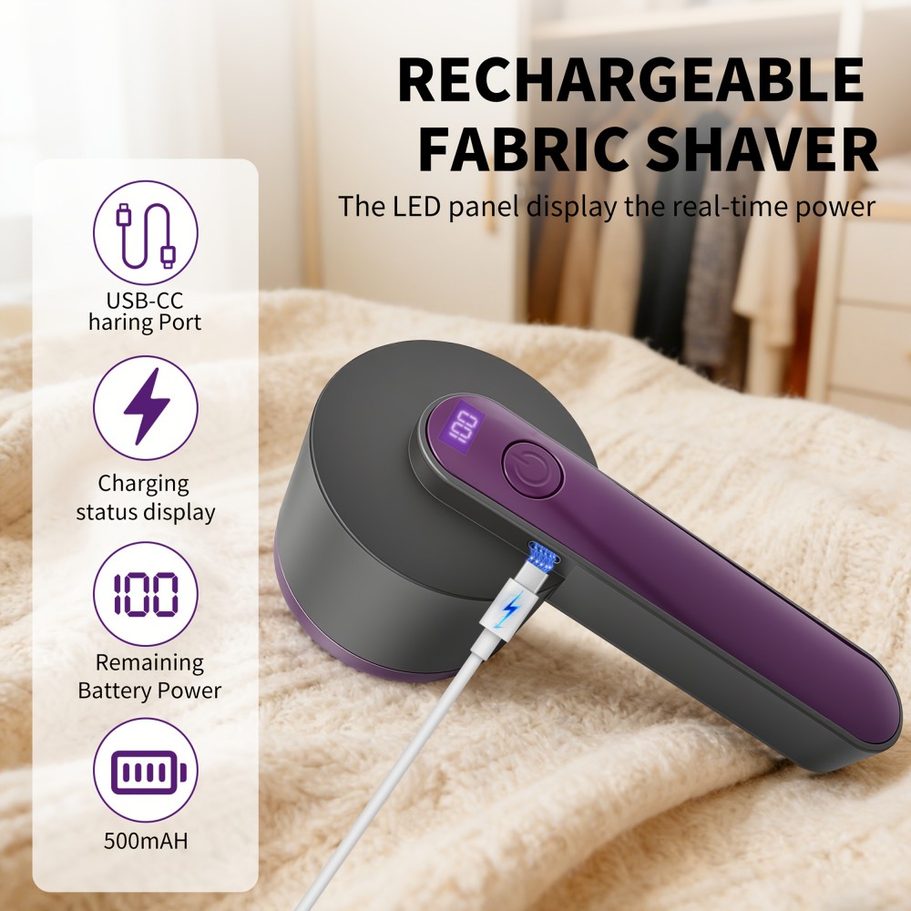 Portable Electric Fabric & Sweater Shaver with 6-Leaf - USB/Battery- Lint Remover Suitable for Clothes, Sofas, Travel - Pilling Shaver with Display (for Sweaters, Furniture)