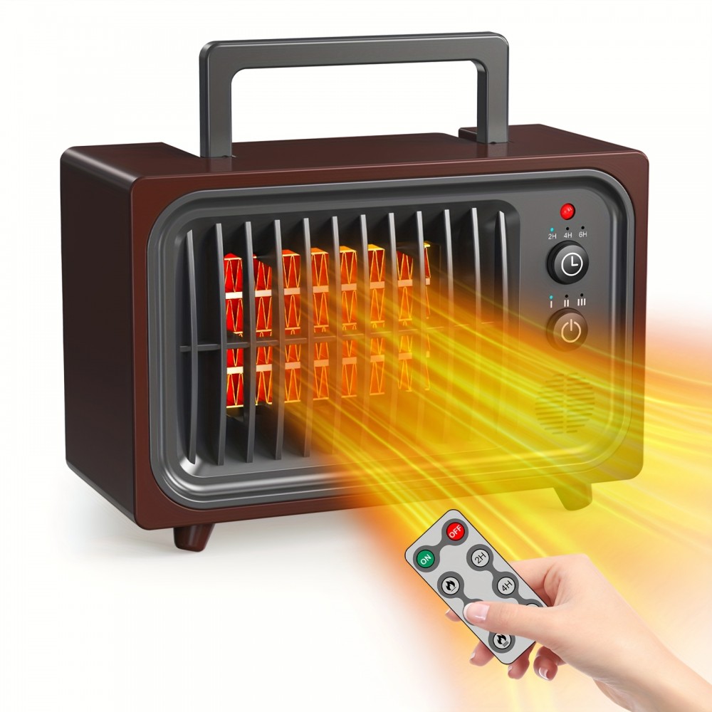 600W Portable Electric Space Heater with Remote Control - Quiet Infrared Heater Suitable for Bedroom, Office & Indoor Use, 3 Heat/Fan Settings, Adjustable Thermostat, Timer, Overheat & Tip-Over Protection, Compact /Desk Heater ( Plug)